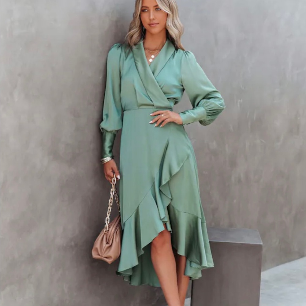 VICI Olive Satin Wrap-Front Dress
